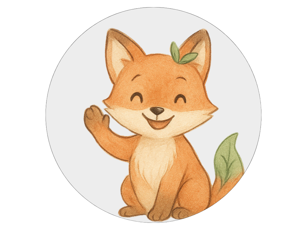 Fuchs-Maskottchen von Dein Sprachmut für Eltern von Kindern mit VED und Sprachentwicklungsstörung. Eine freundlich lächelnde, orangefarbene Fuchsfigur mit einem grünen Blatt am Kopf winkt vor hellem Hintergrund. Das Maskottchen steht für Dein Sprachmut und richtet sich an Eltern von Kindern mit Verbaler Entwicklungsdyspraxie, kurz VED, und anderen Sprachentwicklungsstörungen.