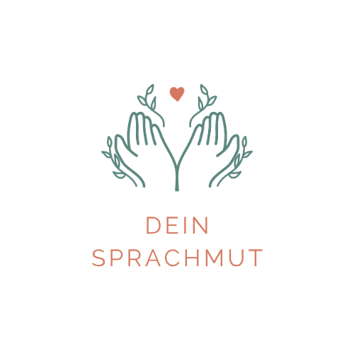 Logo von Dein Sprachmut für Eltern von Kindern mit VED und Sprachentwicklungsstörung. Das Logo von Dein Sprachmut zeigt zwei schützende Hände, die ein kleines Herz halten. Feine grüne Zweige umrahmen das Motiv. Darunter steht der Markenname „Dein Sprachmut“ in korallfarbener Schrift. Das Logo vermittelt Nähe, Unterstützung und eine zugewandte Haltung gegenüber Eltern von Kindern mit Verbaler Entwicklungsdyspraxie, kurz VED, und Sprachentwicklungsstörungen.